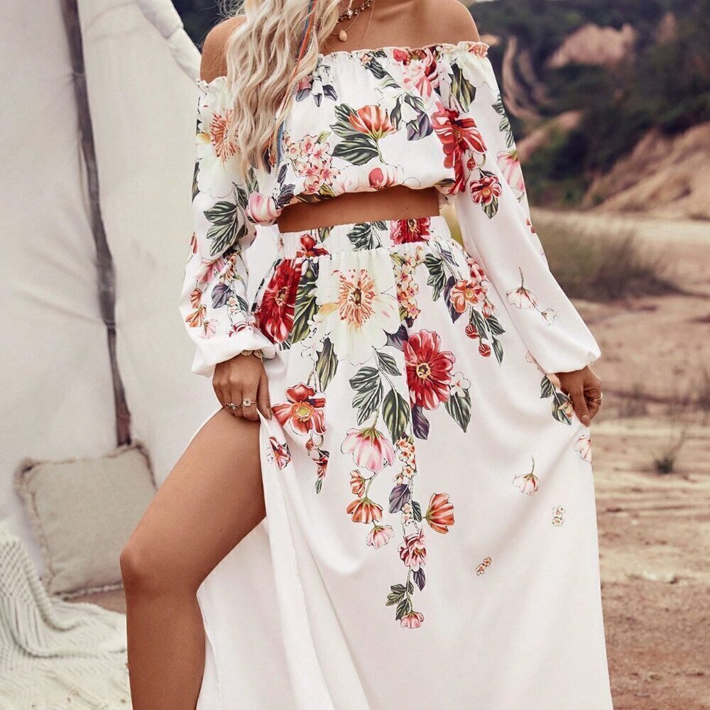 White Boho Womens Floral Print Off Shoulder Lantern Sleeve Top & Split Hem Skirt - Picture 2 of 7